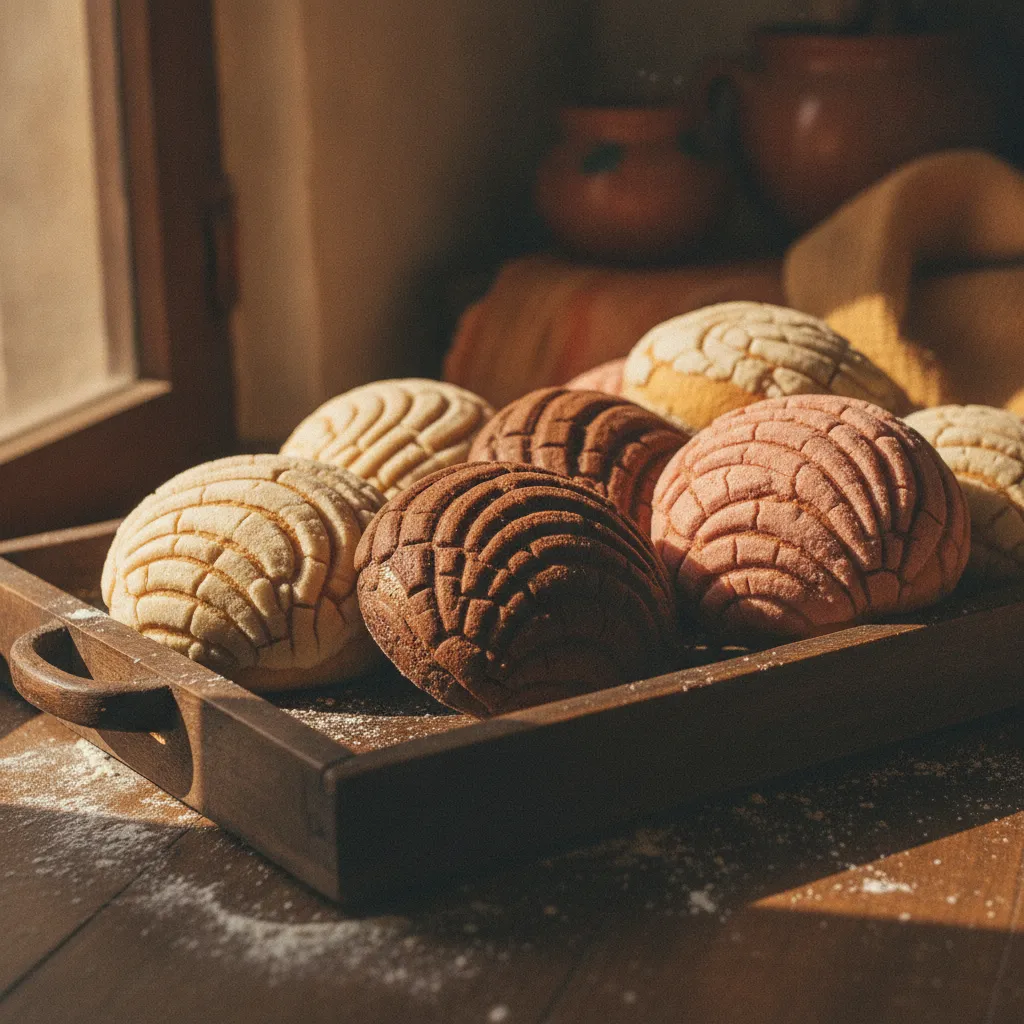 Charola de conchas de vainilla, chocolate y fresa con su costra de azúcar en forma de concha
