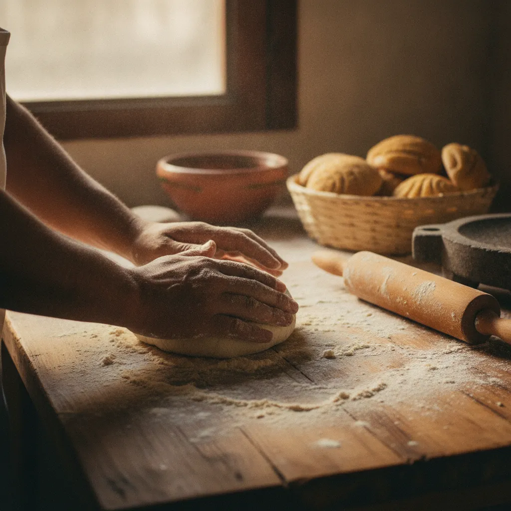 Manos enharinadas amasando pan sobre una mesa de madera al amanecer