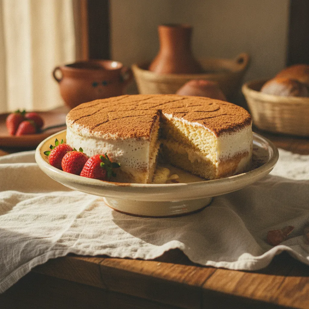 Pastel de tres leches sobre un platón de cerámica, espolvoreado con canela y con fresas al lado